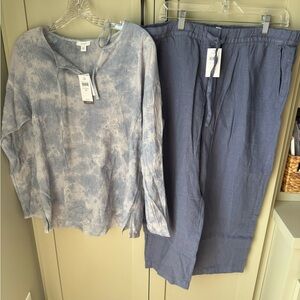 NWT J.Jill Tie Dye Floral Embroidered  Pullover SZ XS & Linen Wide Leg Crop SZ L